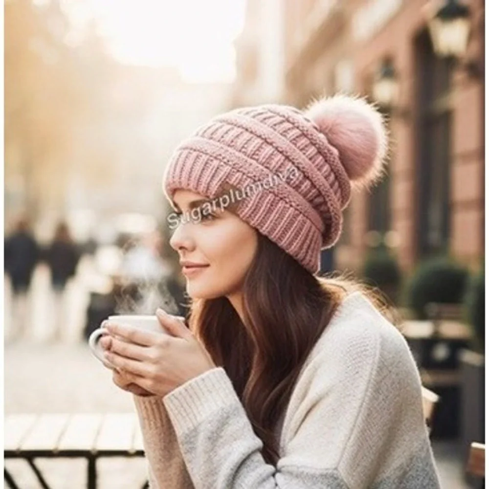 Winter Cozy Warm Pom Pom Pink‎ Beanie Hat Knit Fleece Lined Slouchy Skiing NWT